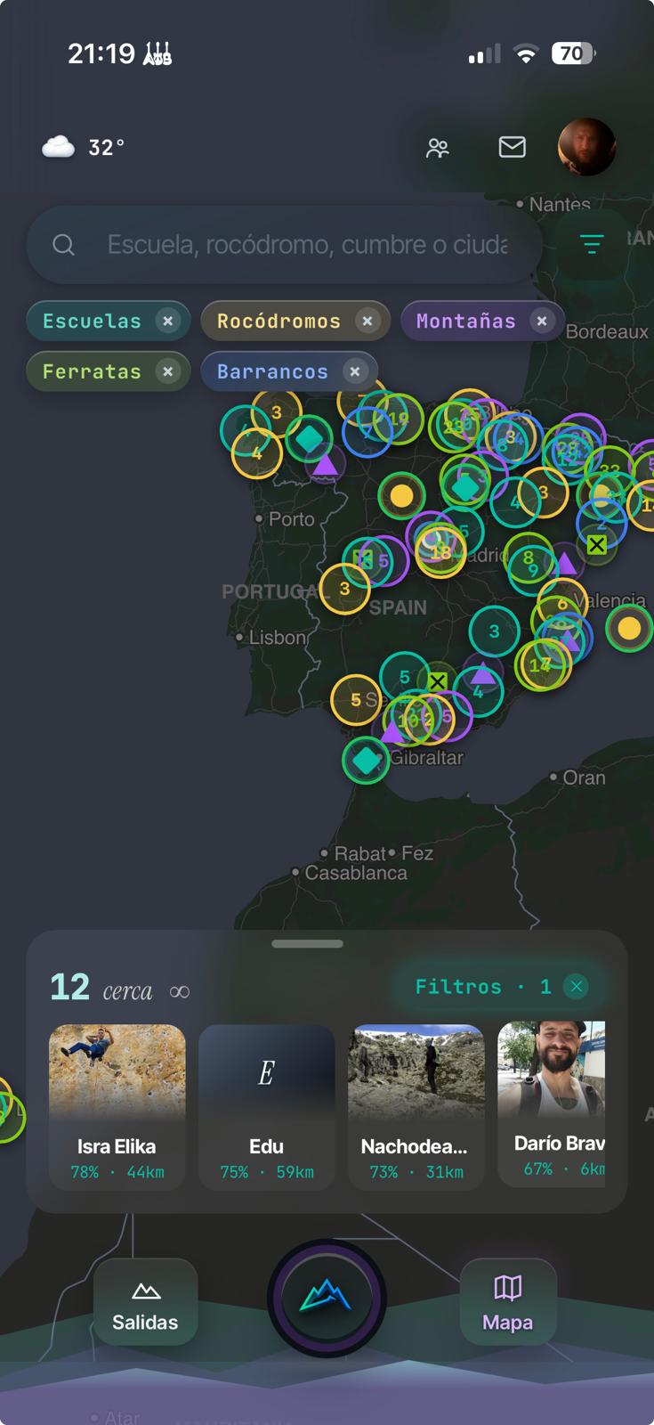 Mapa de España con escaladores por zona
