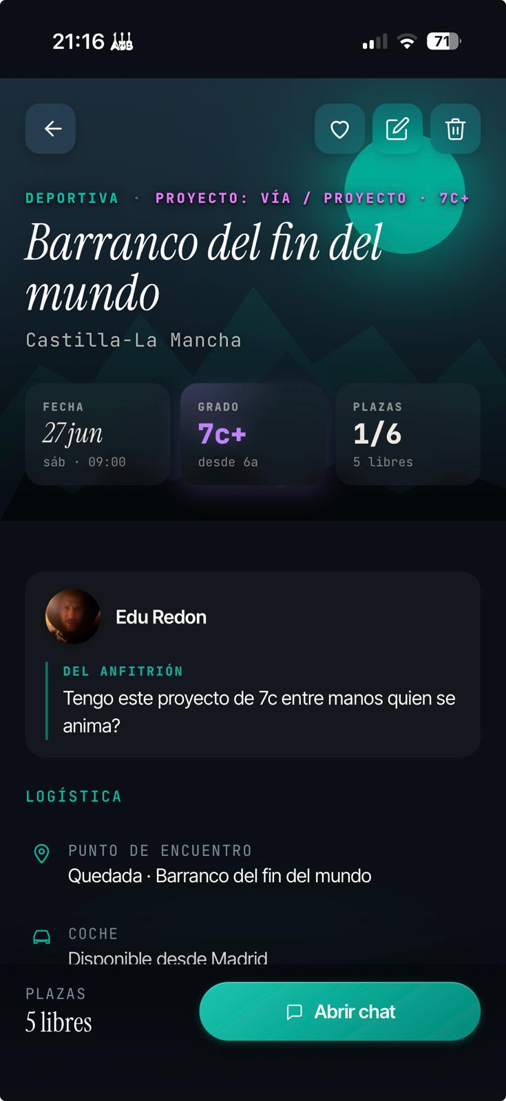 Detalle de una salida abierta para un proyecto 7c+